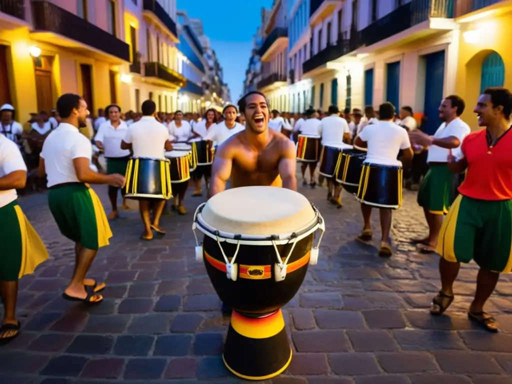 Escena vibrante de una ceremonia de Candombe tradición cultural uruguaya, llena de ritmo en las calles empedradas de Montevideo