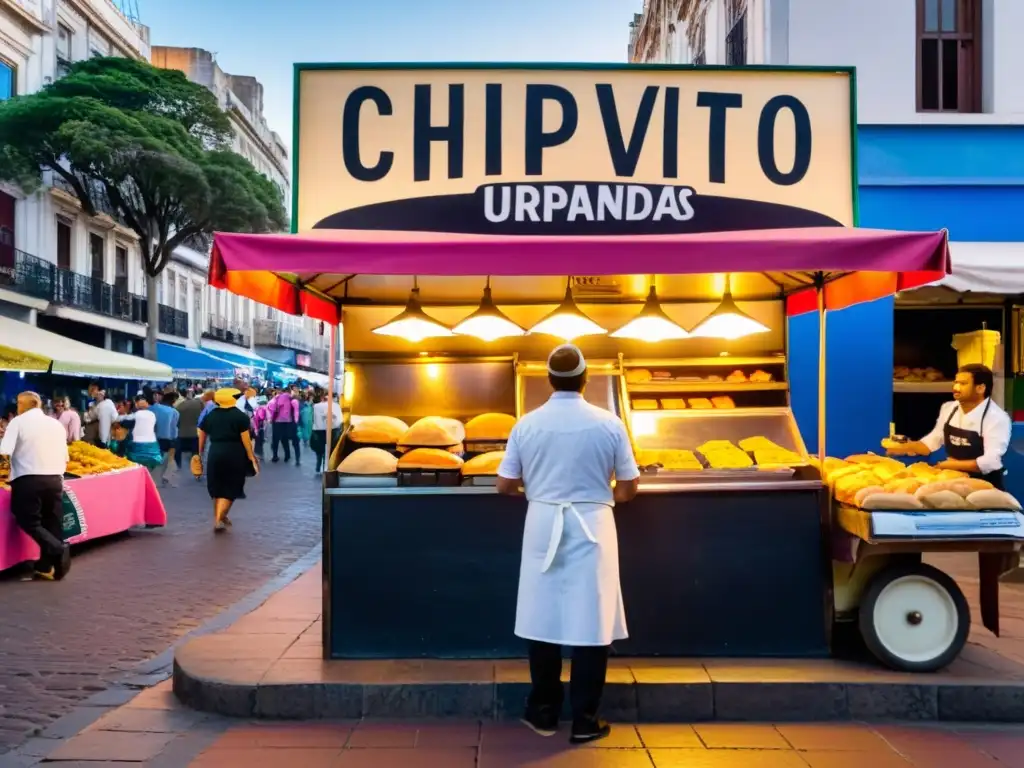 Escena vibrante de comida callejera uruguaya deliciosa en Montevideo, con un vendedor preparando un chivito al atardecer