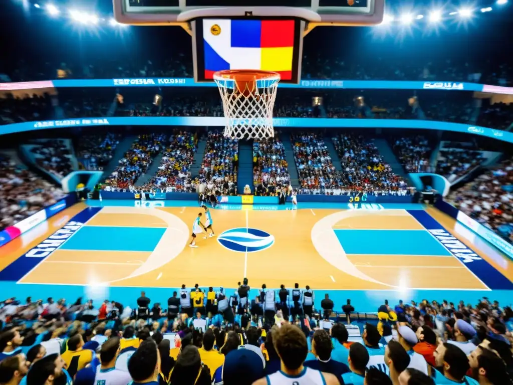 Escena vibrante de un emocionante partido de un equipo de baloncesto en Uruguay, rodeados de fanáticos apasionados