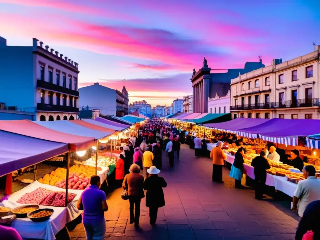 Escena vibrante de eventos gastronómicos cultura uruguaya en un mercado callejero de Montevideo al atardecer, lleno de color y sabor