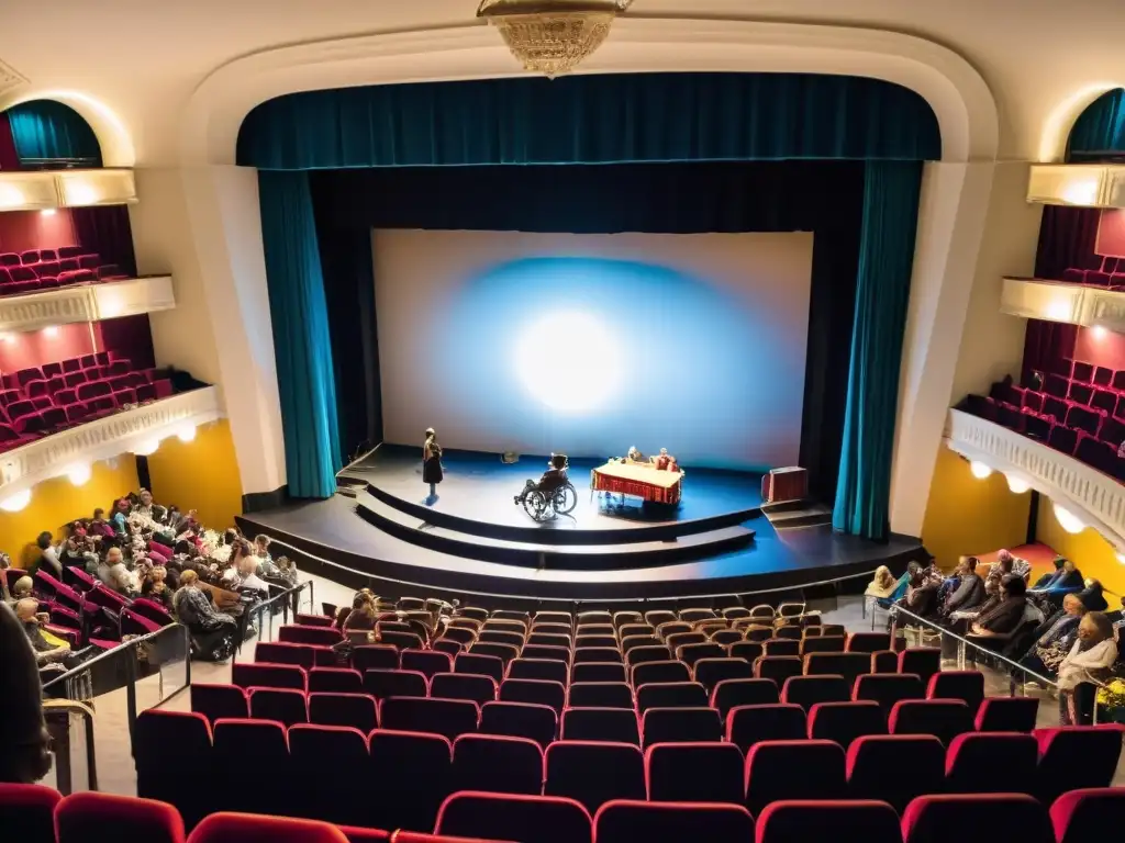 Escena vibrante de 'Eventos inclusivos teatro Uruguay', con actores en el escenario, audiencia diversa y accesibilidad para todos