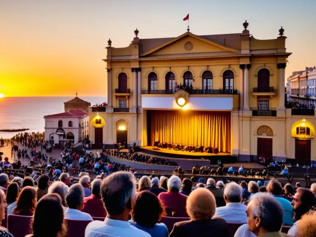 Escena vibrante de eventos inclusivos de teatro en Uruguay, Montevideo, al atardecer, con público diverso y tradiciones culturales