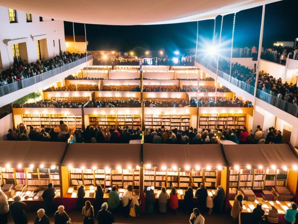 Escena vibrante de 'Eventos literarios Uruguay 2022': puestos llenos de libros, gente diversa y un gran escenario bajo un cielo azul dorado