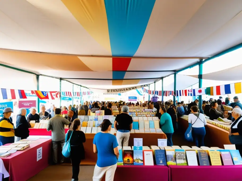 Escena vibrante de las ferias literarias importantes en Uruguay, con casetas de libros coloridos, calles adoquinadas y un cálido sol poniente