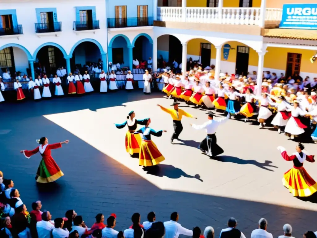 Escena vibrante del Festival Internacional de Folklore de Durazno en Uruguay, con danzantes en trajes tradicionales, bajo un cielo azul infinito