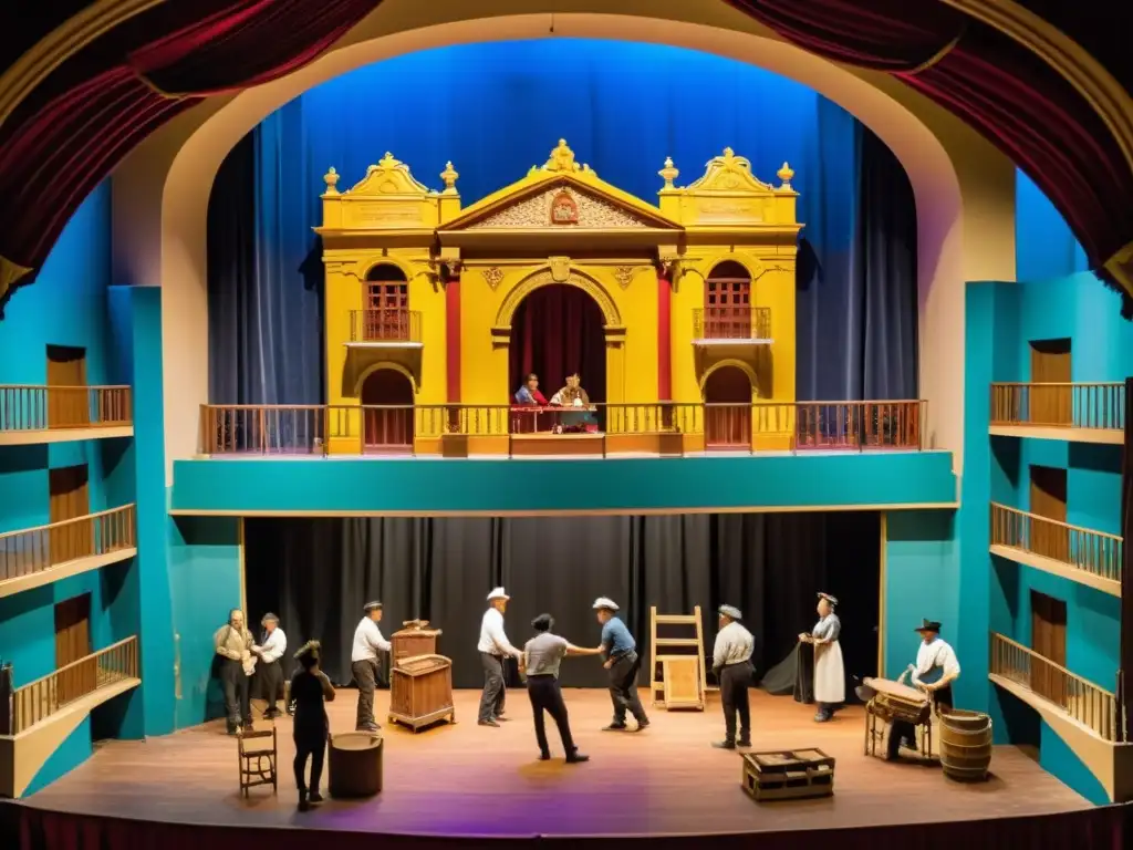 Escena vibrante del Festival de Teatro del Interior Uruguay: preparativos bulliciosos, actores ensayando y un guión en primer plano