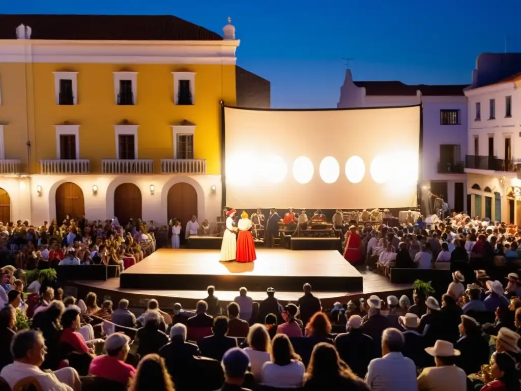 Escena vibrante del Festival de Teatro del Interior en Uruguay, actores locales brillan bajo luces cálidas en una plaza festiva