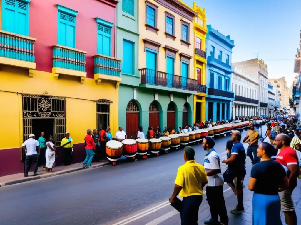 Escena vibrante en Montevideo, Uruguay, celebrando la herencia africana en la cultura uruguaya con murales, candombe y baile