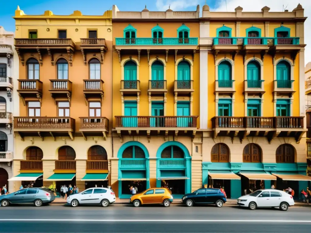 Escena vibrante de Montevideo, Uruguay, con la 'Herencia cultural inmigración española Uruguay' en un edificio colonial y un animado flamenco en la calle