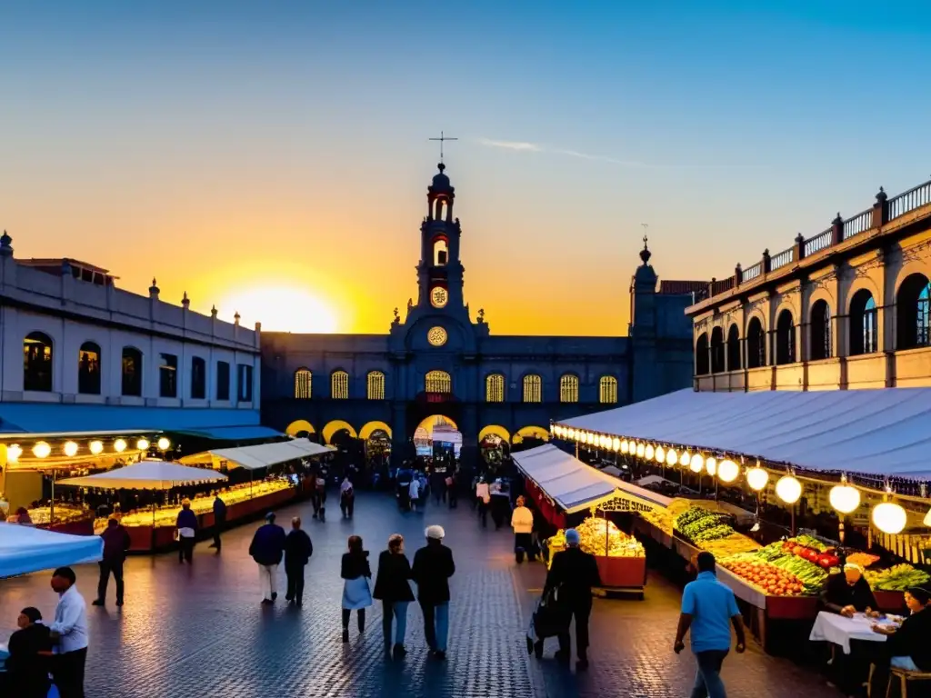 Escena vibrante en el histórico Mercado del Puerto de Montevideo, con el sol ocultándose y la bandera de Uruguay ondeando