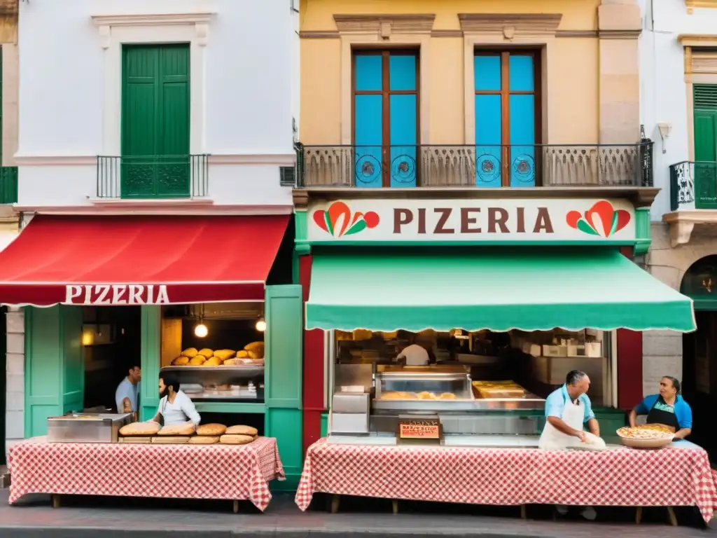 Escena vibrante de Montevideo, Uruguay, reflejando la influencia italiana en cultura uruguaya con su bulliciosa pizzería y gelatería