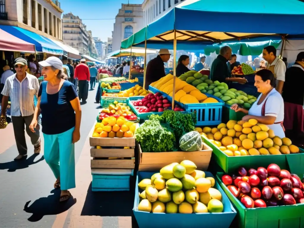 Escena vibrante de un mercado callejero en Montevideo, Uruguay; cultura, retratos y fotografía unidos en un lienzo de colores y vida