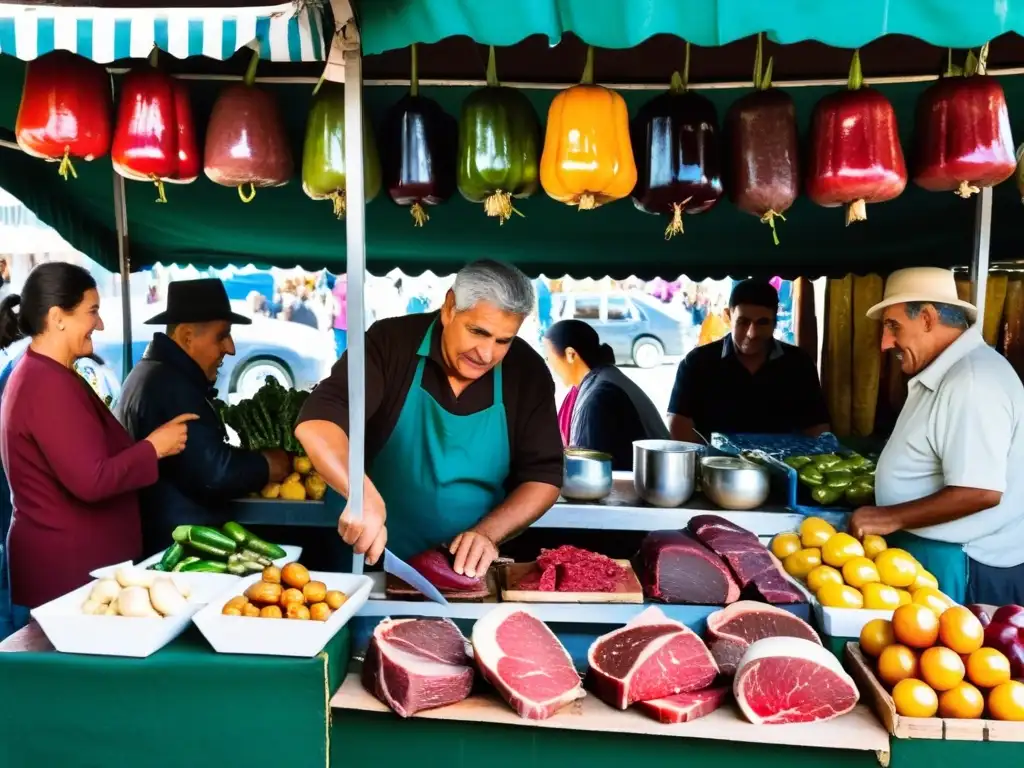 Escena vibrante de un mercado en Montevideo, Uruguay, ilustrando la cultura culinaria uruguaya tradicional con su frescura y colorido