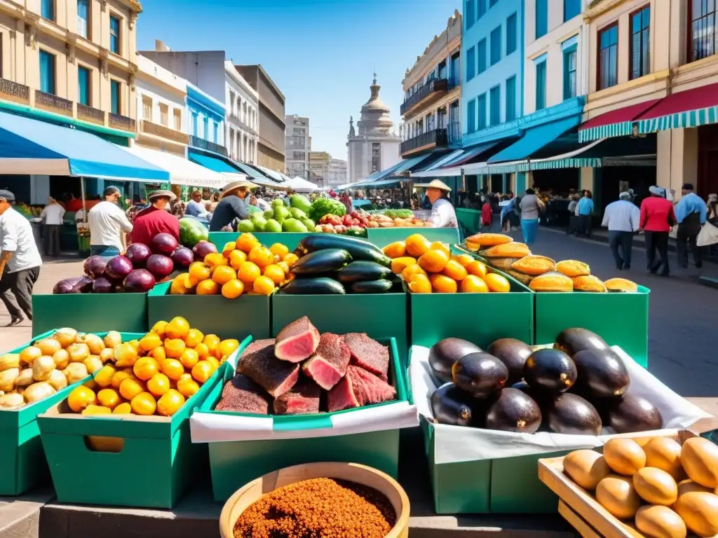 Escena vibrante en Montevideo, Uruguay, reflejando la riqueza de la gastronomía tradicional uruguaya en un mercado callejero