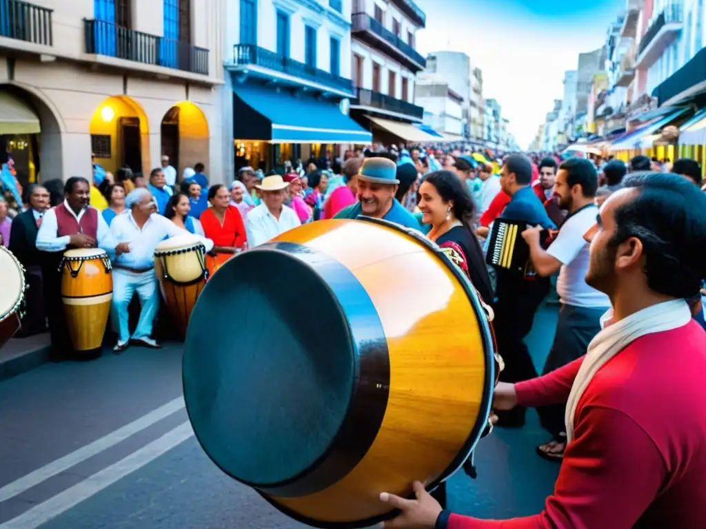 Escena vibrante de música tradicional uruguaya influencia mundial en Montevideo, con músicos apasionados, danzas coloridas y una puesta de sol cálida