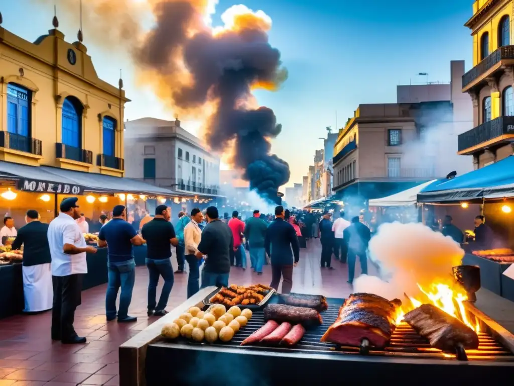 Escena vibrante en Montevideo, corazón de las tradiciones culturales uruguayas, capturada en fotografía: Mercado del Puerto, asado y música