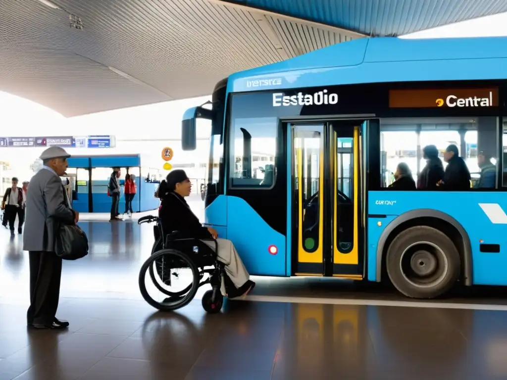 Escena vibrante de transporte accesible para turistas en Uruguay, con pasajeros diversos en la estación de buses moderna de Montevideo