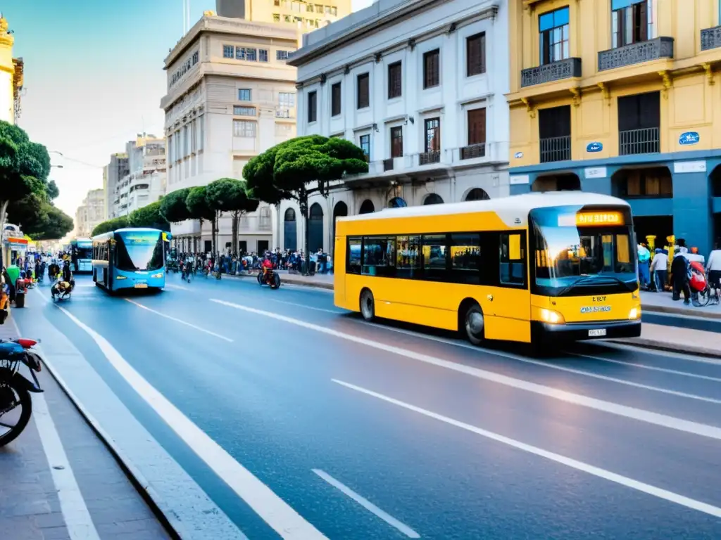 Escena vibrante de transporte económico y eficiente en Uruguay: un autobús público en una calle concurrida de Montevideo durante la hora pico