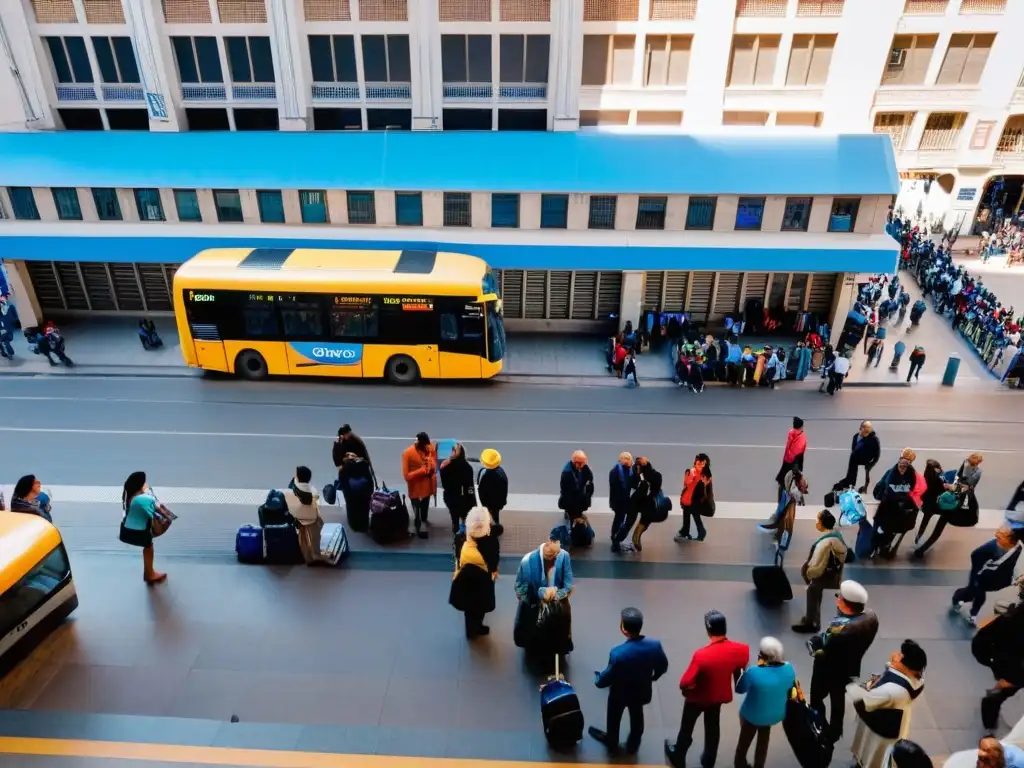 Escena vibrante de transporte público económico en Uruguay: multitudes en la estación principal de autobuses de Montevideo, bajo un cielo azul y claro