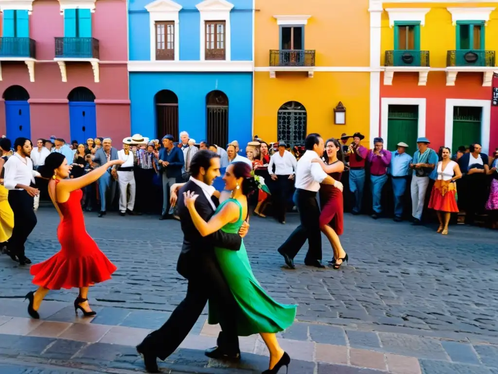 Escena vibrante del Montevideo Tango Festival, cultura uruguaya viva en calles empedradas, danzantes apasionados y murales coloridos