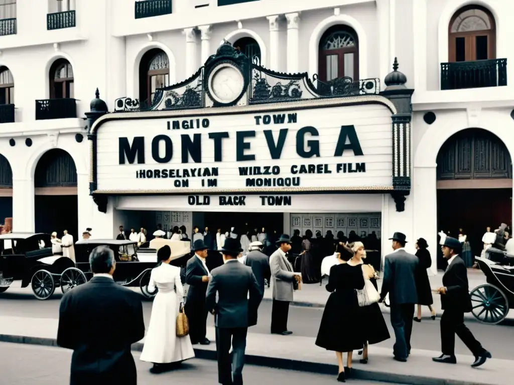 Escena vintage en blanco y negro de Montevideo: carruajes, gente elegante y el cine uruguayo exhibiendo éxitos