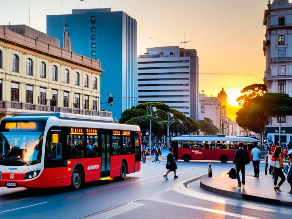 Escena viva de Montevideo al atardecer, con bus rojo, taxi y bicicleta, ilustrando consejos de transporte económico en Uruguay