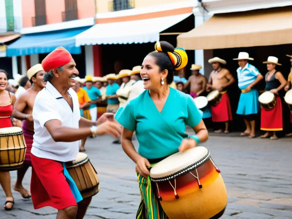 Escena viva de costumbres y folklore de Uruguay: mercado bullicioso, danza tradicional de candombe y arquitectura rica bajo un cielo anaranjado