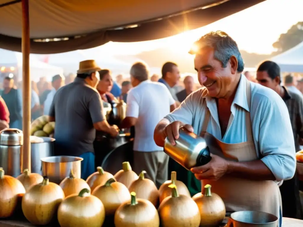 Escena viva de los eventos gastronómicos de cocina uruguaya en Paysandú, con asados, empanadas y un hombre sirviendo mate al atardecer