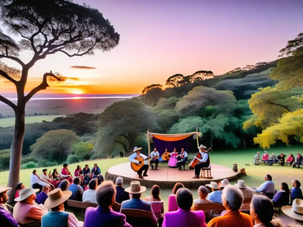 Escena viva de música folklórica uruguaya; instrumentos y voces se entrelazan bajo un cielo crepuscular en un escenario rústico al aire libre