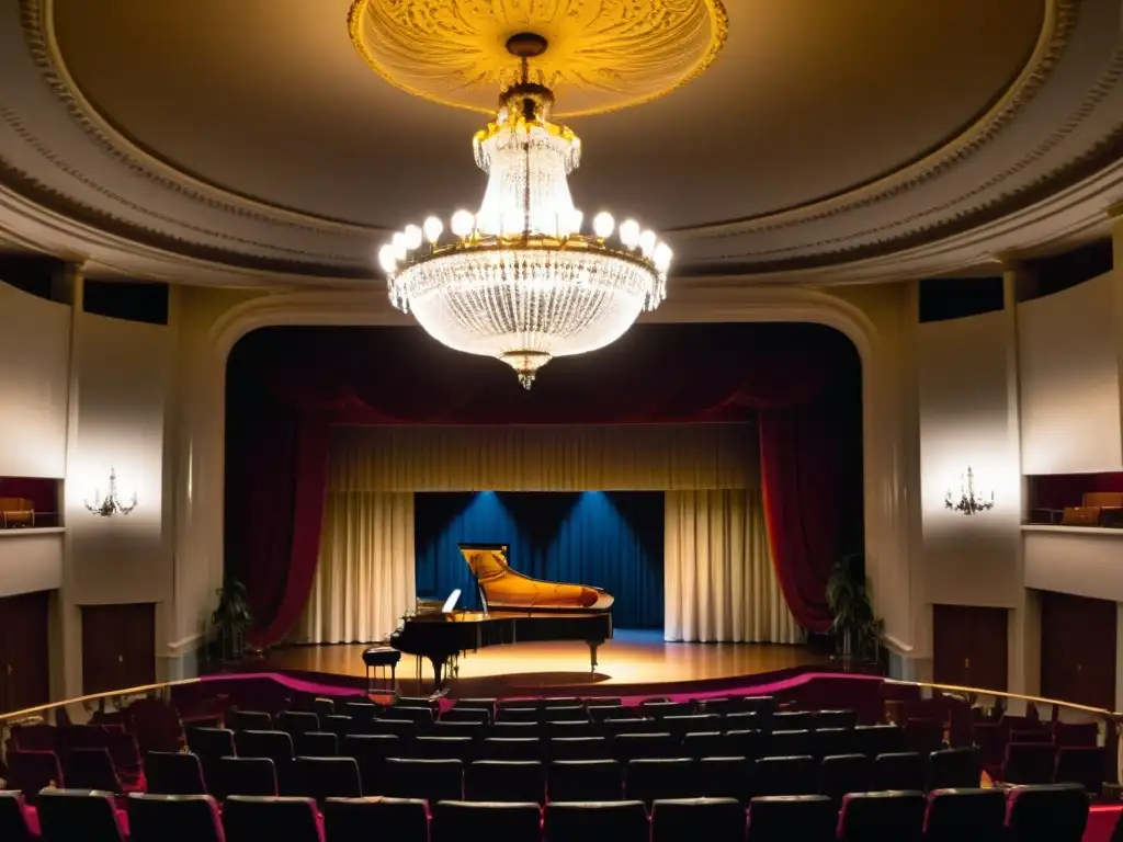 Escenario de concierto en Montevideo, listo para una noche de música popular uruguaya bajo la araña de cristal