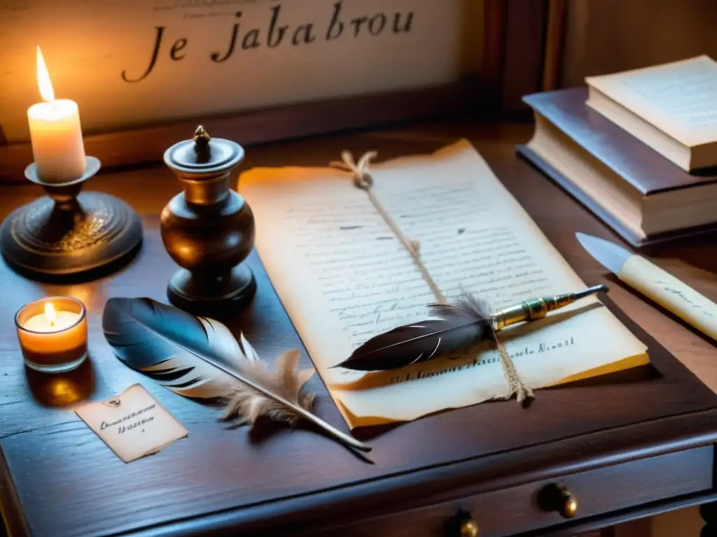 Escritorio antiguo reflejando la historia personal de Juana Ibarbourou, lleno de libros, pluma y su foto, bajo la cálida luz de una vela