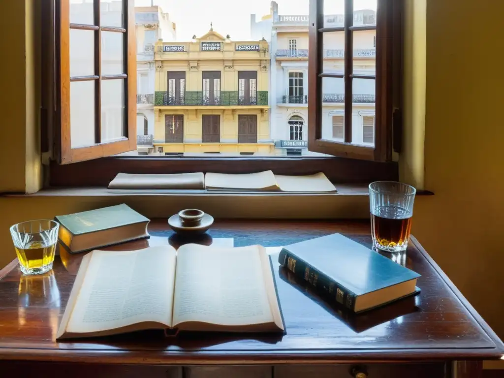 Escritorio antiguo en Montevideo, con libros de autores contemporáneos uruguayos, reflejando la belleza de su cultura