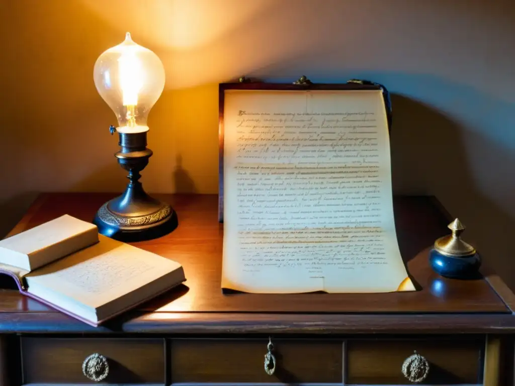 Escritorio de madera iluminado por una lámpara vintage, con poemas escritos a mano, una pluma y una foto de Delmira Agustini