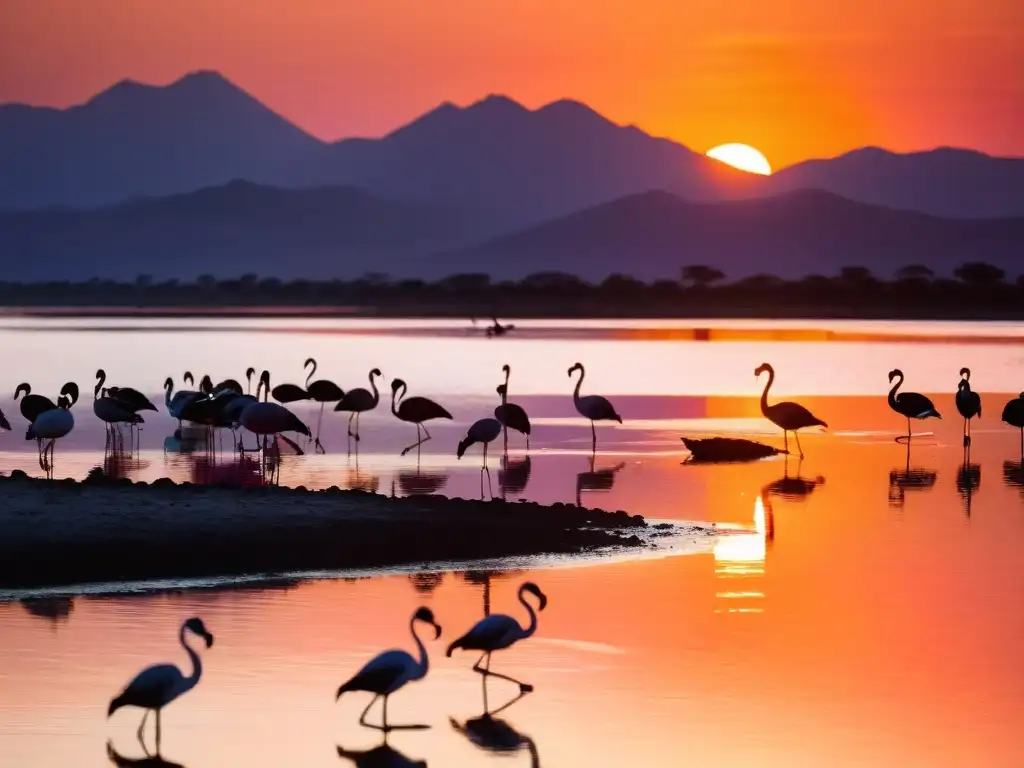 Espectacular atardecer en las Lagunas de Rocha, un gaucho cabalga entre flamencos, destacando la rica biodiversidad en las Lagunas de Rocha