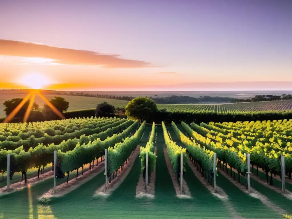 Espectacular atardecer en Uruguay, con las mejores vinos uruguayos para degustar en una mesa entre viñedos verdes y un cielo naranja