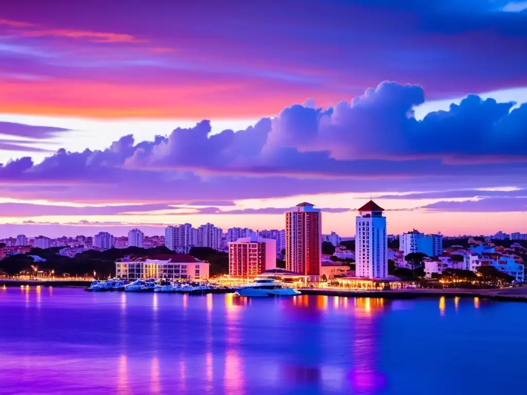 Espectacular atardecer enriqueciendo la silueta de los mejores hoteles 5 estrellas en Uruguay, Punta del Este, reflejo de lujo y sofisticación