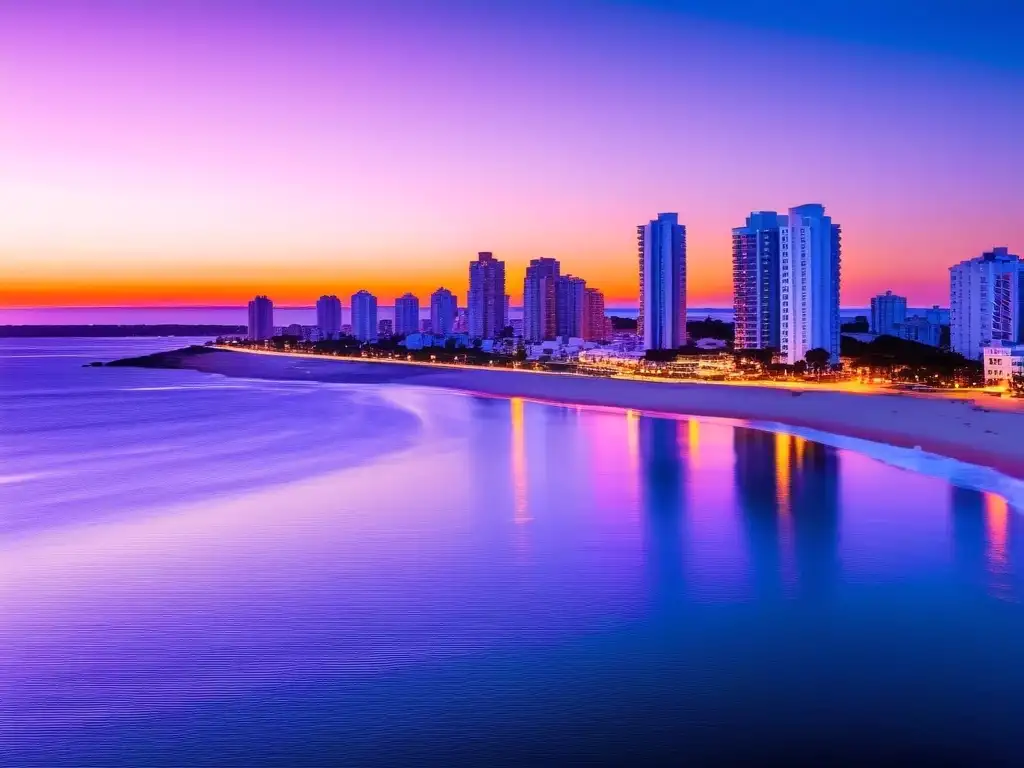 Espectacular puesta de sol en Punta del Este, Uruguay, con su elegante skyline y yates reflejados en el océano, realzando la belleza del turismo