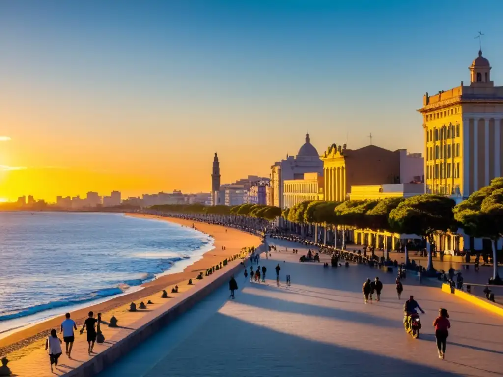 Espectacular puesta de sol en la Rambla de Montevideo, con el Palacio Salvo destacando entre el skyline