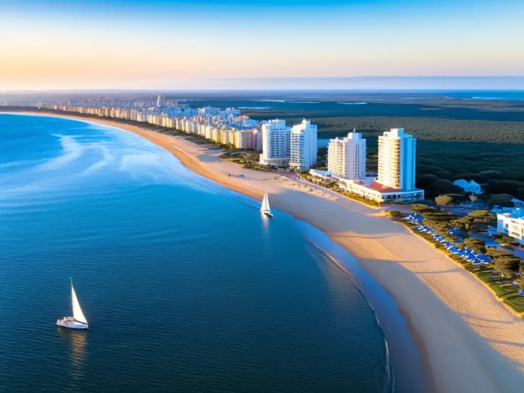 Espectacular vista panorámica de Punta del Este, Uruguay, bañada por el dorado atardecer; perfecta para el turismo