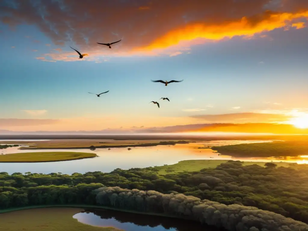 Espectáculo dorado de un amanecer en humedales uruguayos, aves volando y tour de observación de aves en Uruguay preparándose para disfrutar