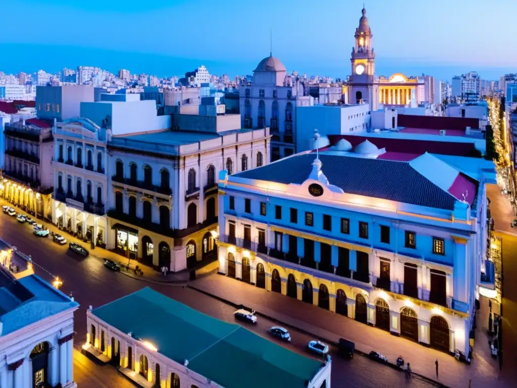 Espléndida vista panorámica al atardecer del histórico distrito de Montevideo, Ciudad Vieja, reflejando el arte y arquitectura en Uruguay