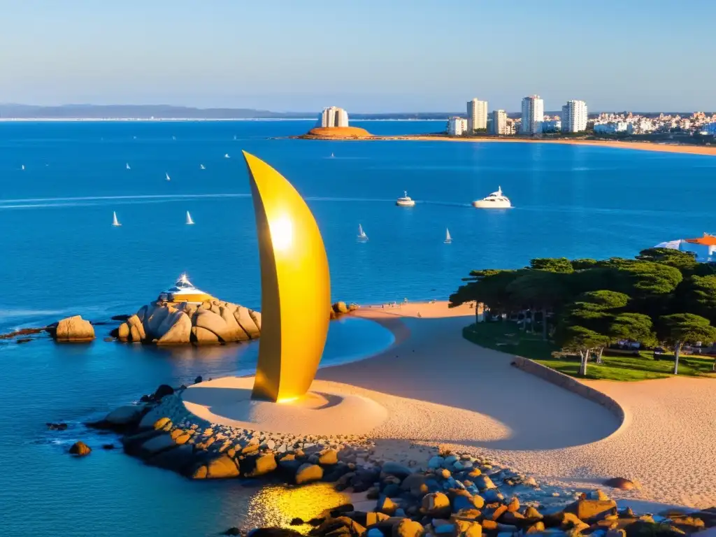 Espléndido atardecer en Punta del Este, Uruguay, con lujosos yates, la Mano emergiendo de la arena, y atracciones económicas Uruguay