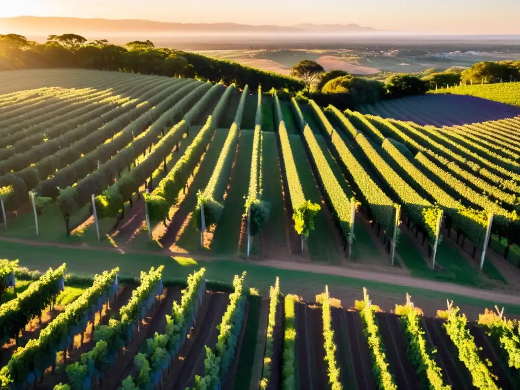 Espléndido atardecer en la ruta del vino en Uruguay, viñedo expansivo con colores cálidos y bodega rústica