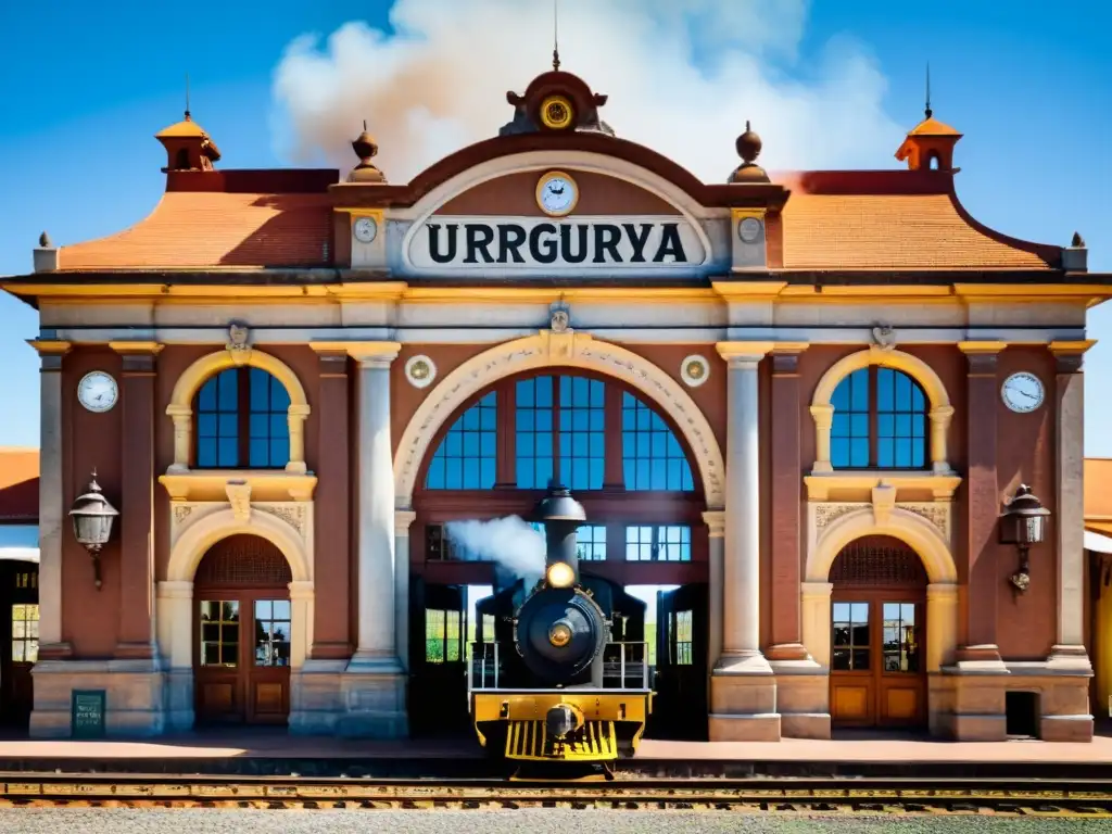 Estaciones de tren con historia en Uruguay: una antigua locomotora en una estación de piedra, adornada con el orgullo y la riqueza de Uruguay