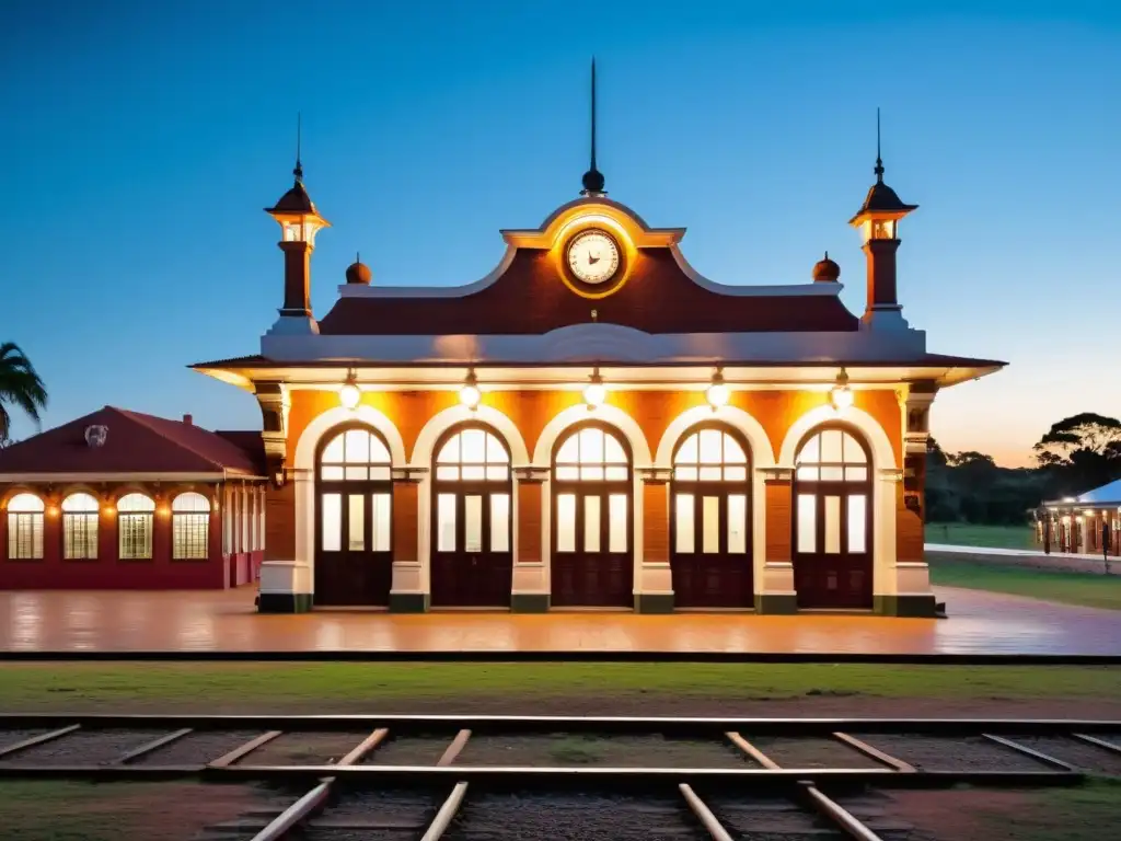 Estaciones de tren con historia en Uruguay: Un antiguo y elegante edificio de ladrillo rojo iluminado por faroles vintage al atardecer