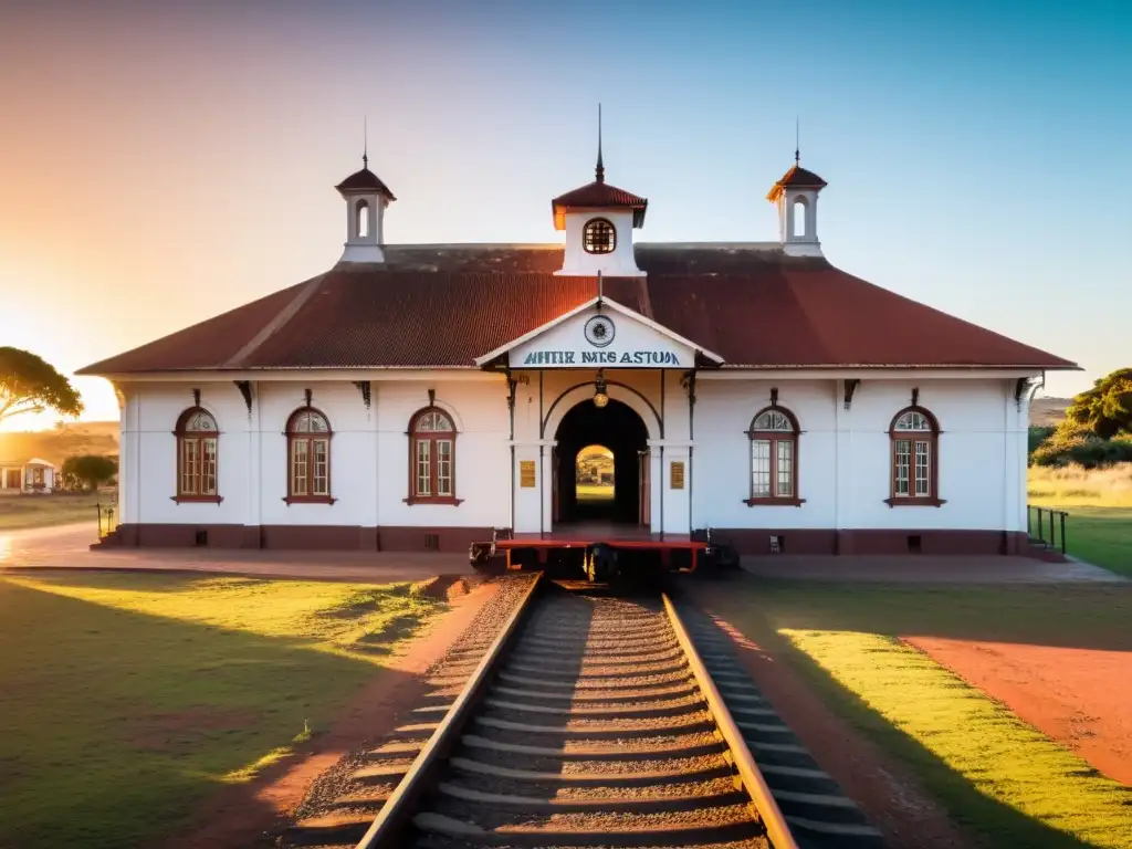 Estaciones de tren con historia en Uruguay: encantadora vista panorámica de una antigua estación al atardecer, bañada en luz dorada nostálgica