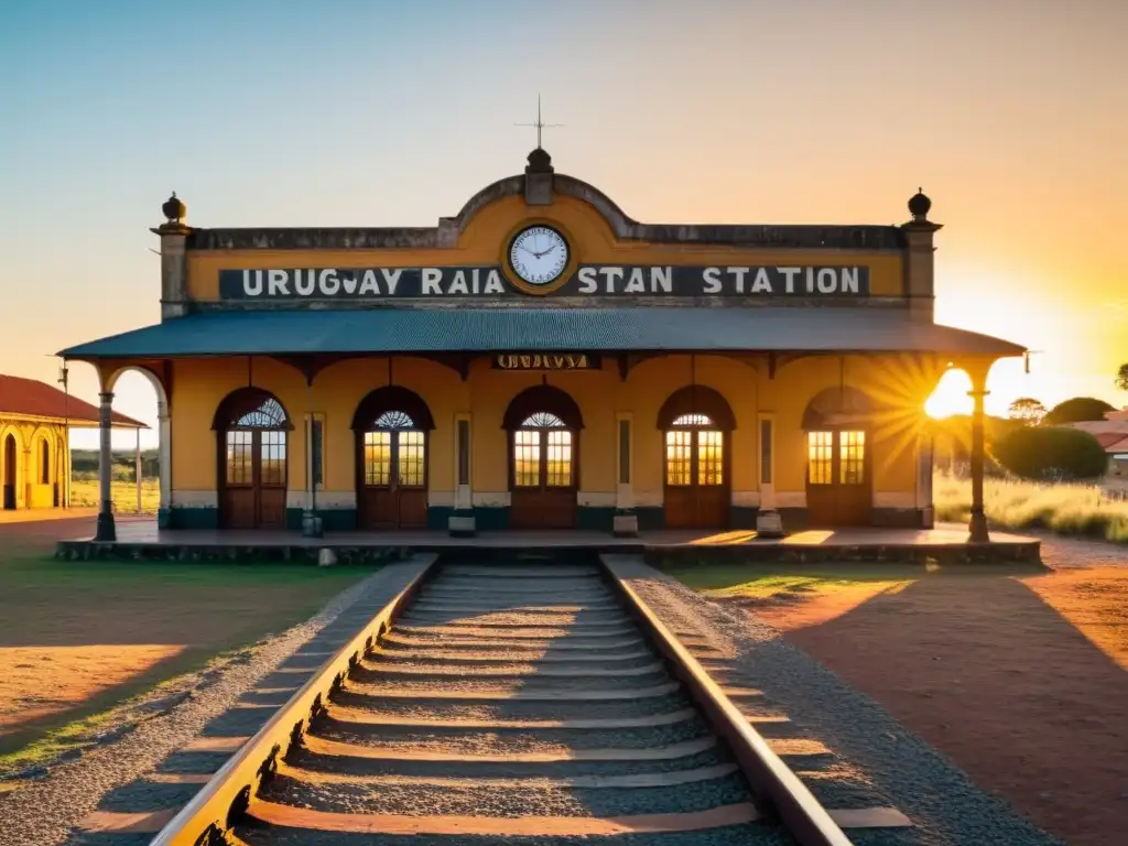 Estaciones de tren con historia en Uruguay: vista panorámica al atardecer, bañada en tonos dorados y con un solitario maletín antiguo, evocando la nostalgia y tranquilidad del viaje en tren