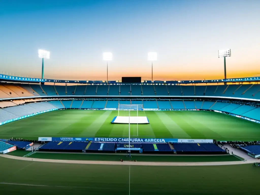 Estadio Charrúa en Montevideo al atardecer, lleno de emocionados fanáticos, celebra la tradición del rugby en Uruguay en pleno juego decisivo