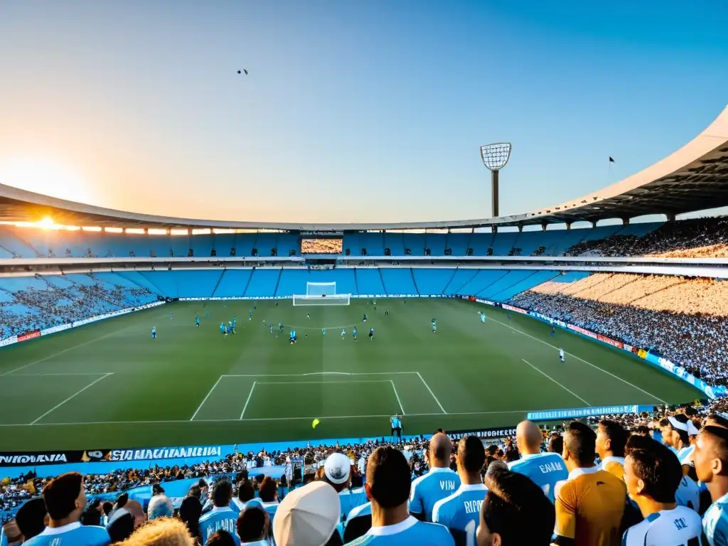 Estadio Centenario en Montevideo, Uruguay, vibra con la pasión y cultura del fútbol uruguayo, bajo un dorado atardecer