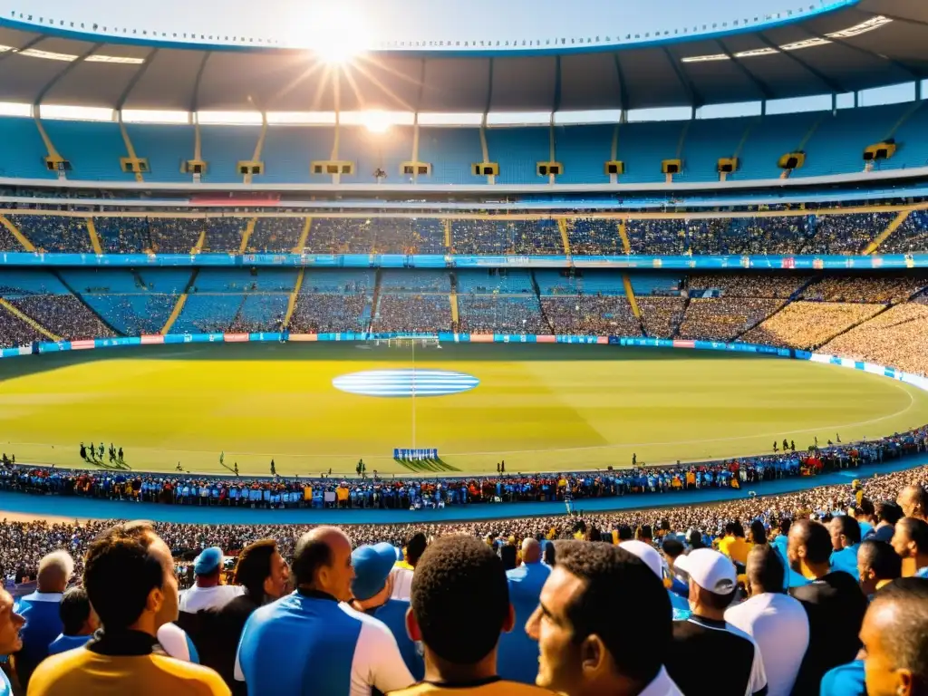 Estadio Centenario en Montevideo, Uruguay, bajo el dorado atardecer, lleno de apasionados fanáticos en un partido de fútbol